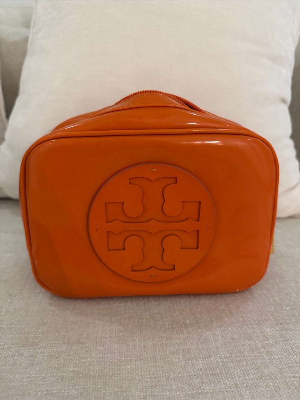 Tory Burch Orange Patent Logo Toiletry Case